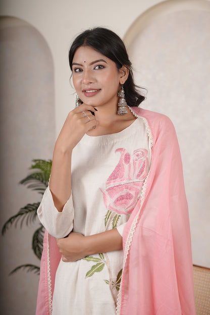 White Pink Kurti Pant dupatta set