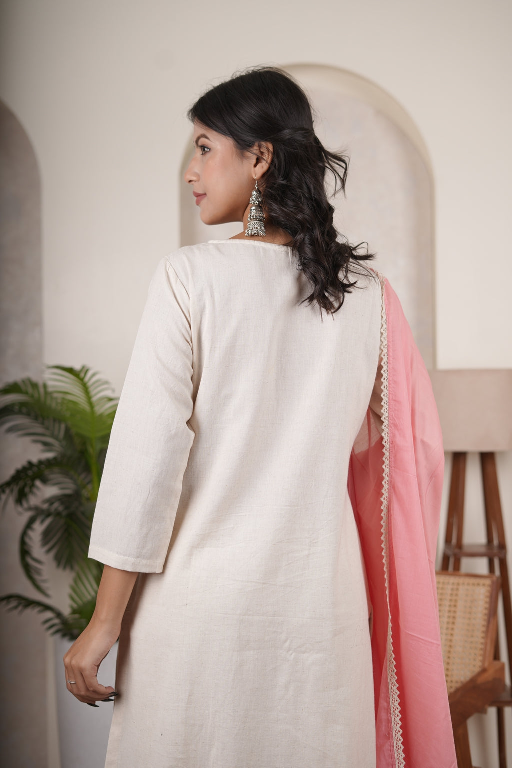 White Pink Kurti Pant dupatta set