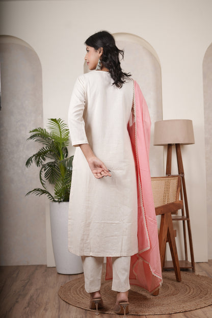 White Pink Kurti Pant dupatta set