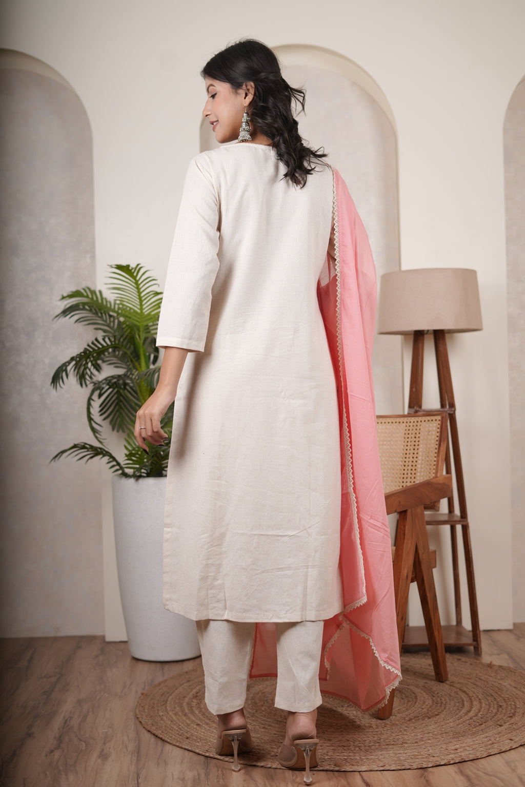 White Pink Kurti Pant dupatta set