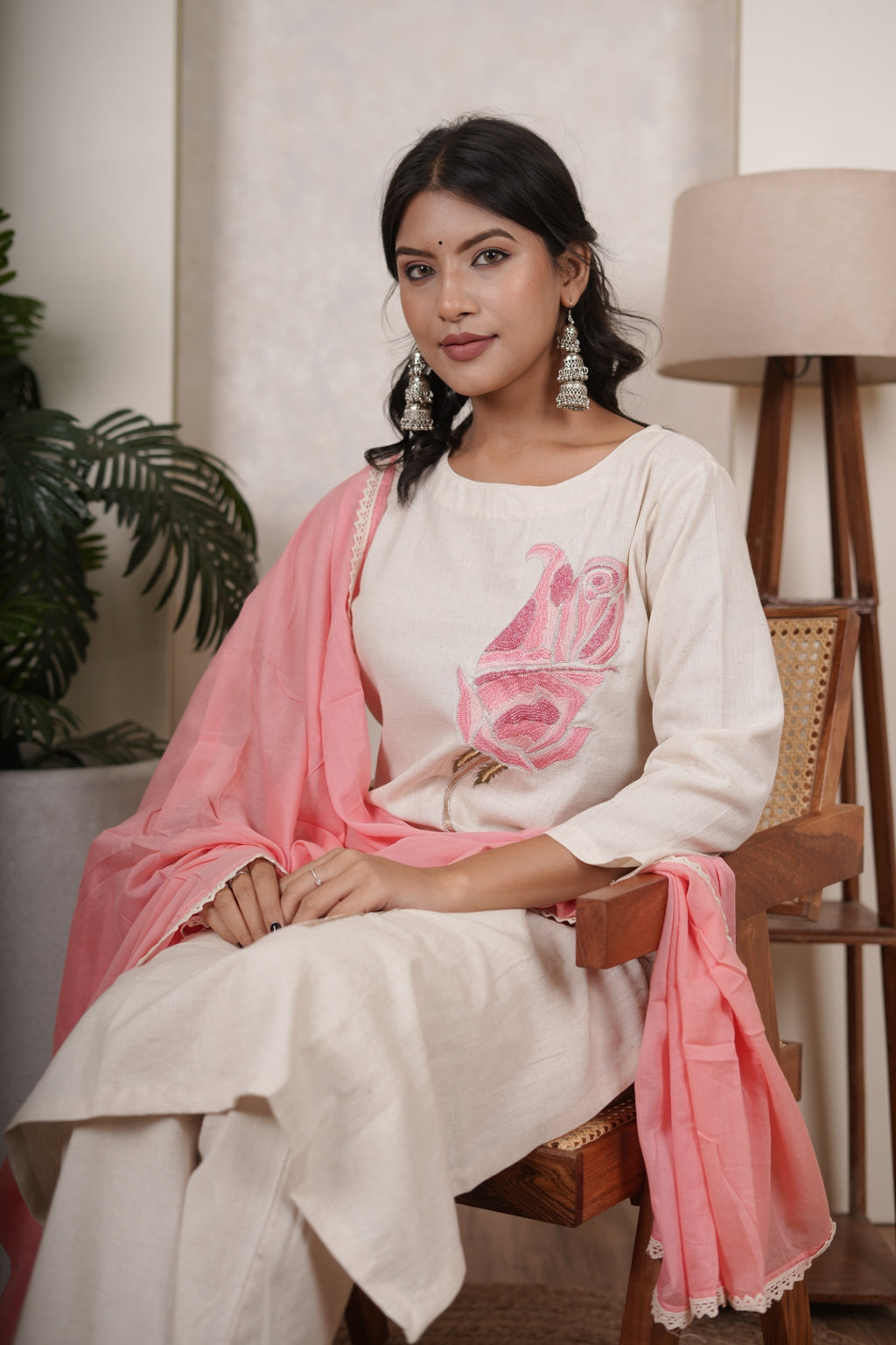 White Pink Kurti Pant dupatta set