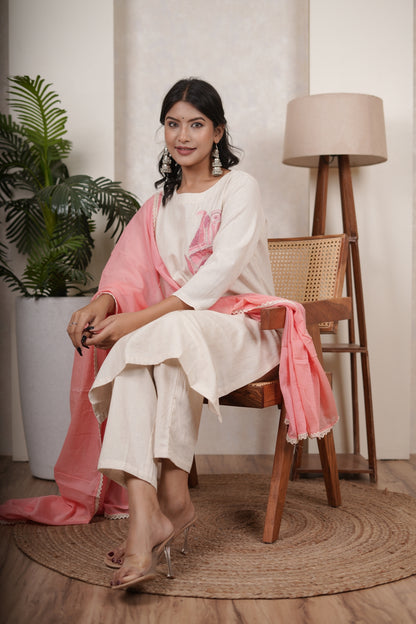 White Pink Kurti Pant dupatta set
