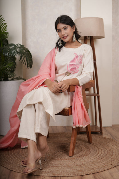 White Pink Kurti Pant dupatta set