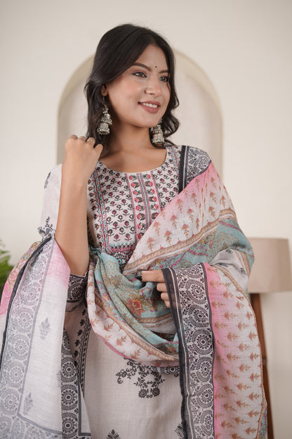 White Black Kurti Pant dupatta set