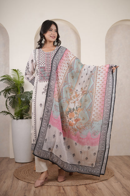 White Black Kurti Pant dupatta set