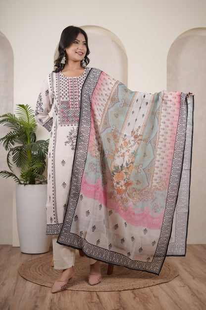 White Black Kurti Pant dupatta set