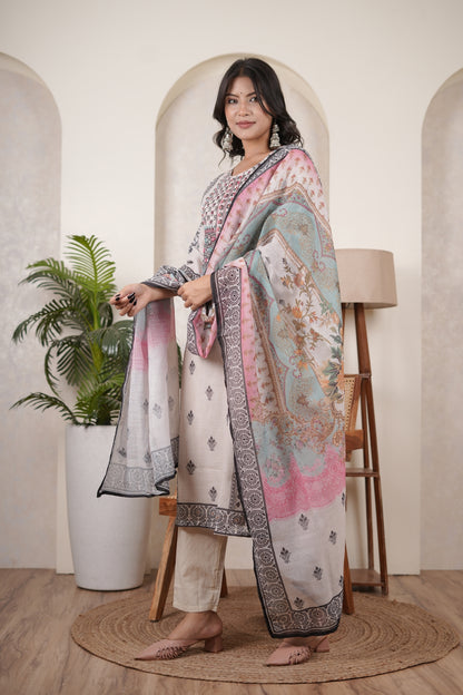 White Black Kurti Pant dupatta set