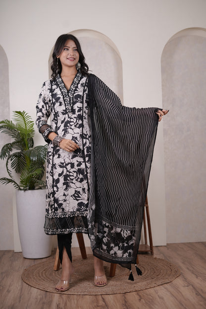 Black Kurti, tulip pant, and dupatta set