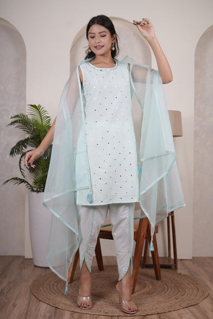 Light Firozi Color top, tulip pant, with organza shrug