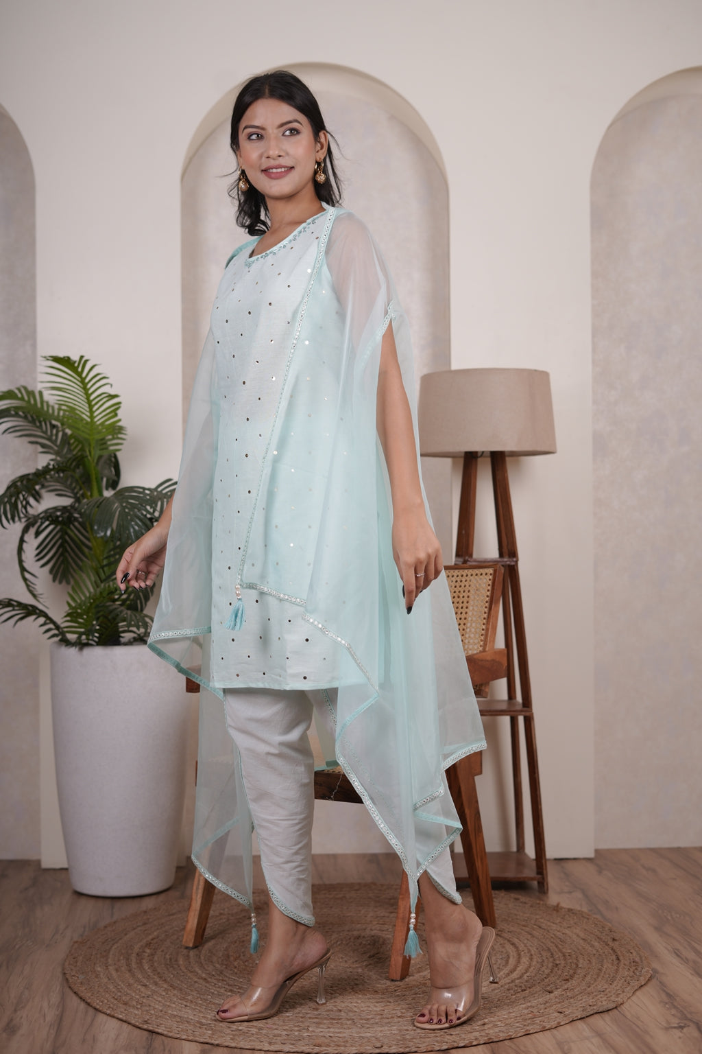Light Firozi Color top, tulip pant, with organza shrug