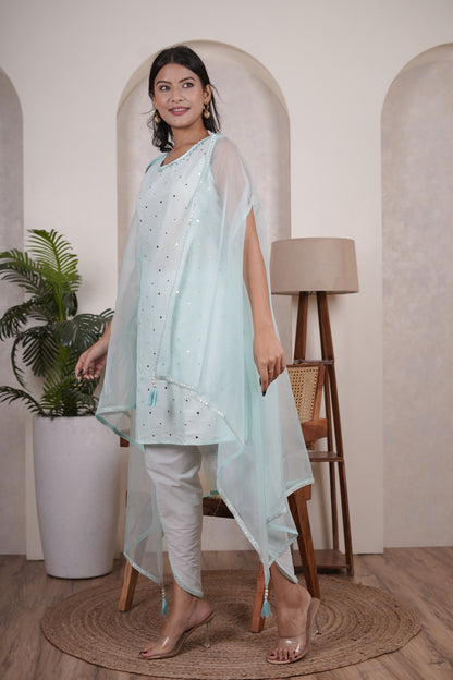 Light Firozi Color top, tulip pant, with organza shrug