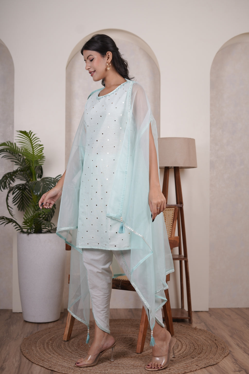 Light Firozi Color top, tulip pant, with organza shrug