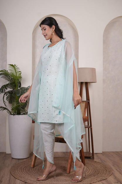 Light Firozi Color top, tulip pant, with organza shrug