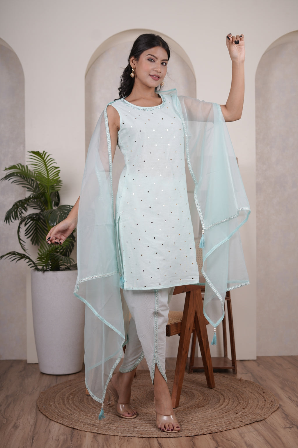 Light Firozi Color top, tulip pant, with organza shrug