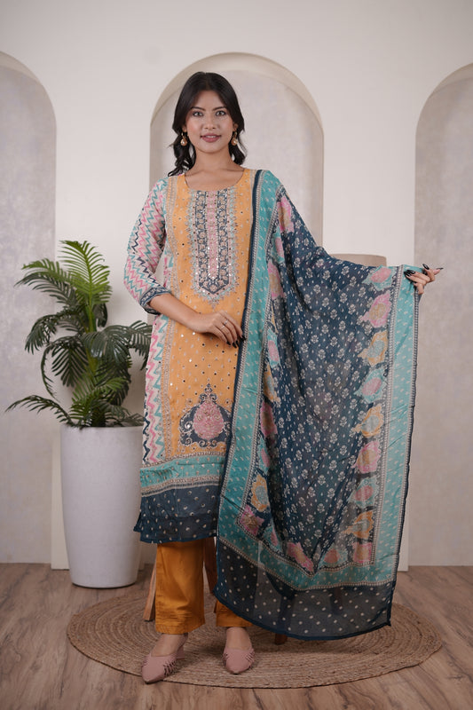 Yellow with Green  Kurti Pant dupatta set
