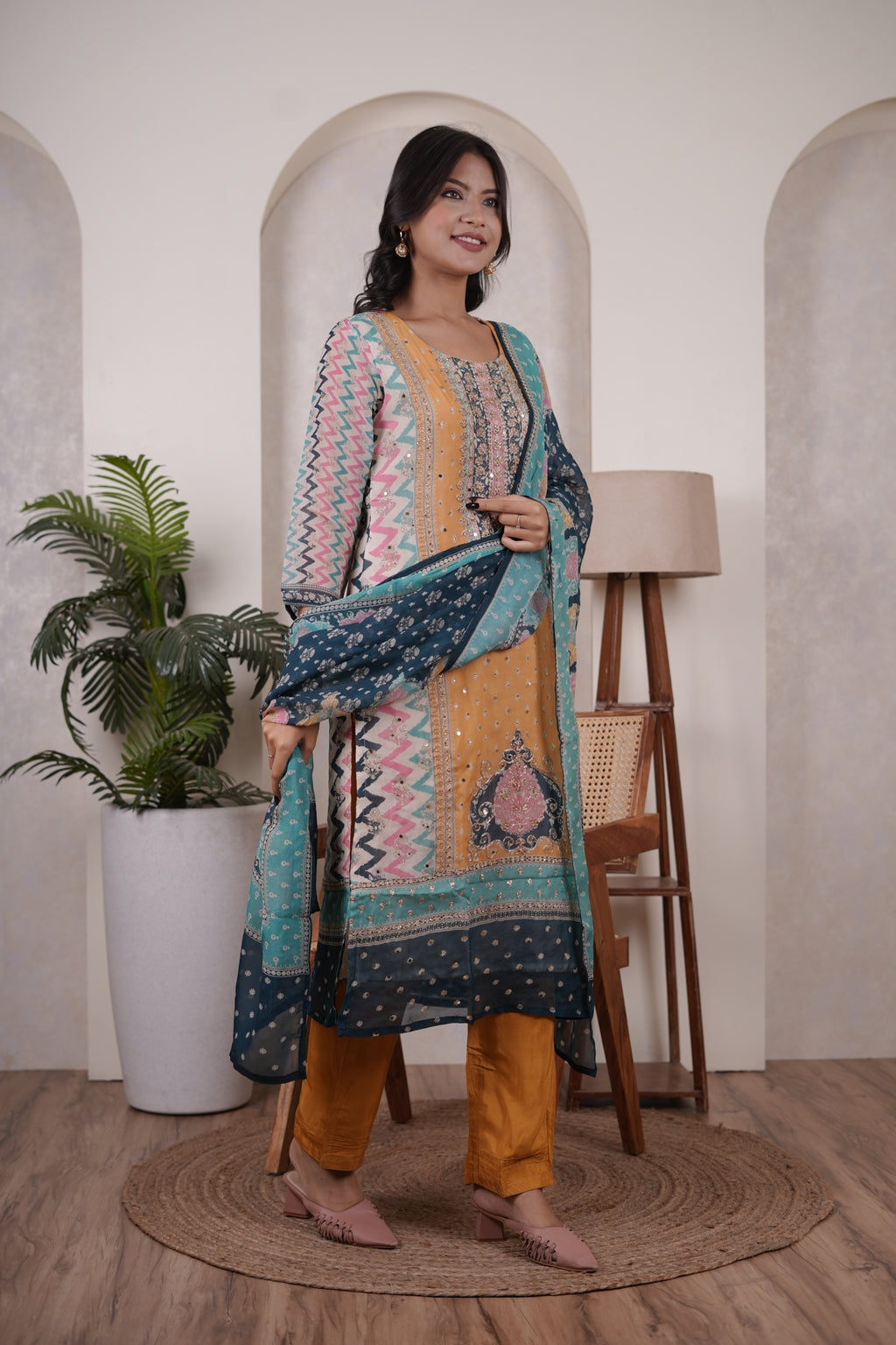 Yellow with Green  Kurti Pant dupatta set
