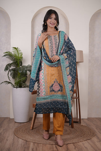 Yellow with Green  Kurti Pant dupatta set