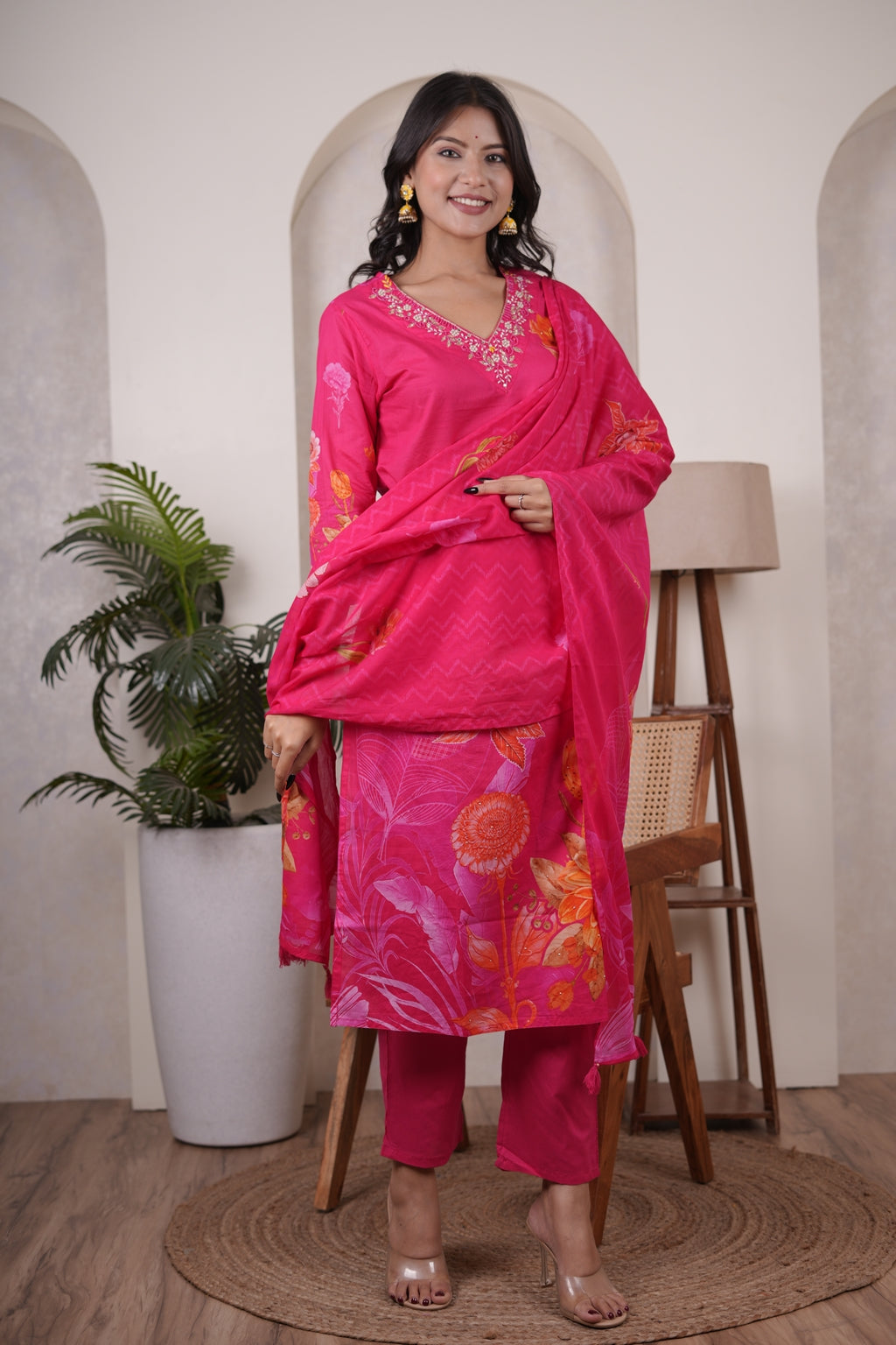Hot pink Kurti Pant dupatta set