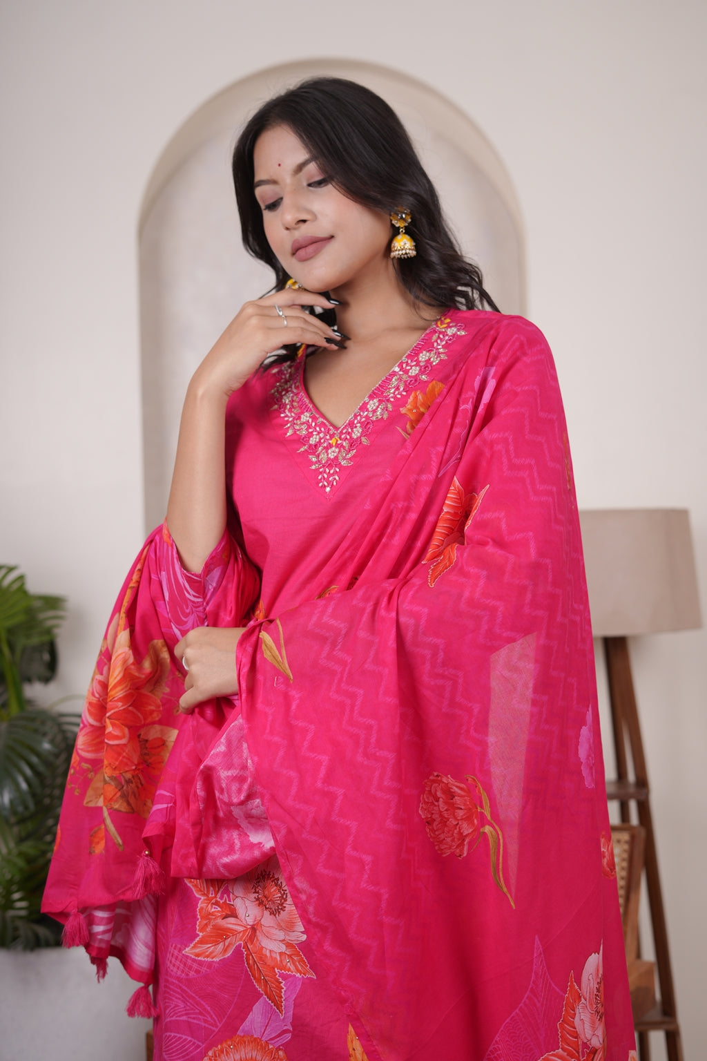 Hot pink Kurti Pant dupatta set