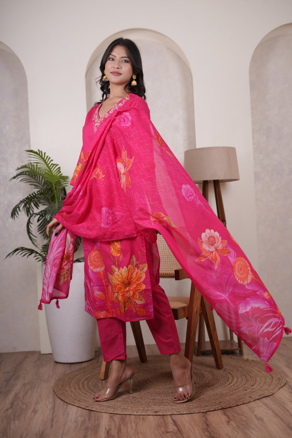 Hot pink Kurti Pant dupatta set