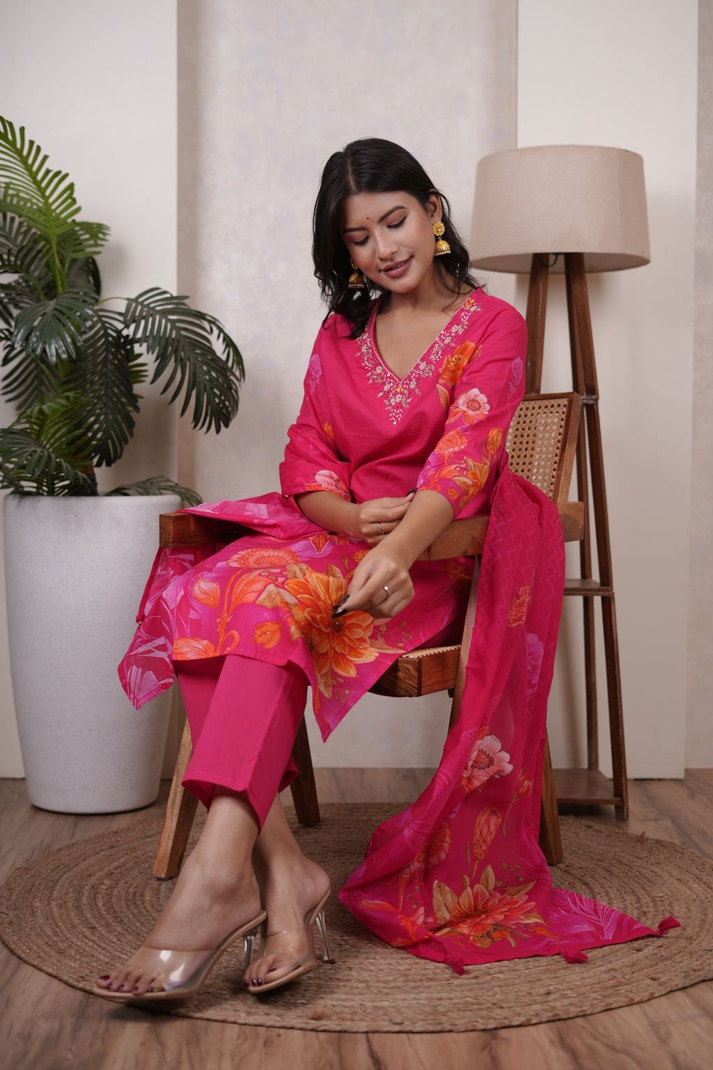 Hot pink Kurti Pant dupatta set