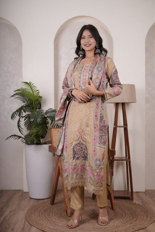 Yellow with Pink Kurti Pant dupatta set