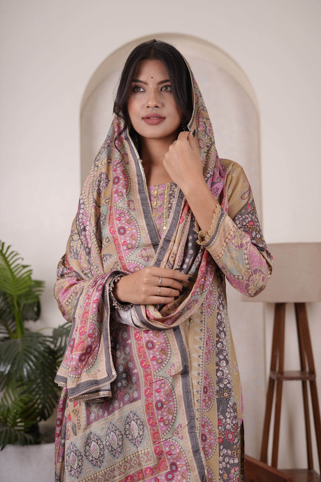 Yellow with Pink Kurti Pant dupatta set