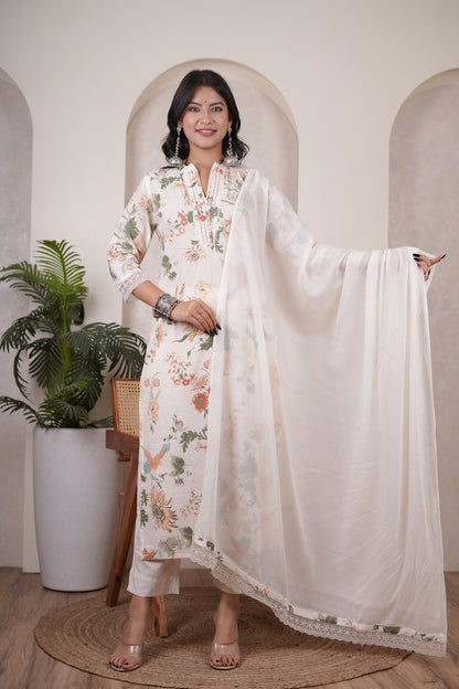 Cream color with White Kurti Pant dupatta set