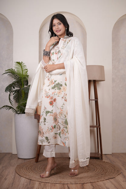 Cream color with White Kurti Pant dupatta set
