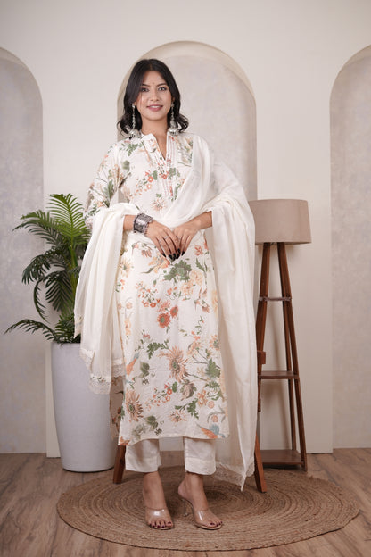 Cream color with White Kurti Pant dupatta set