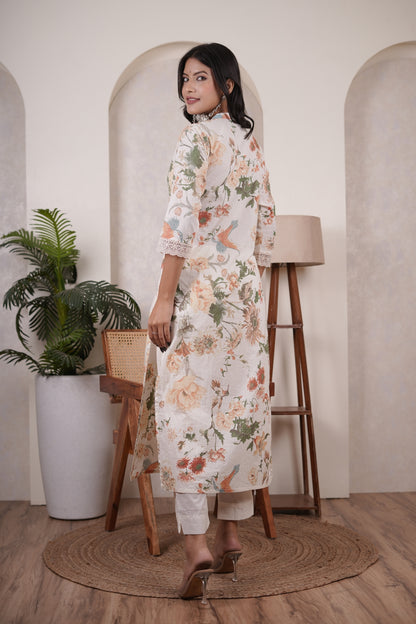 Cream color with White Kurti Pant dupatta set