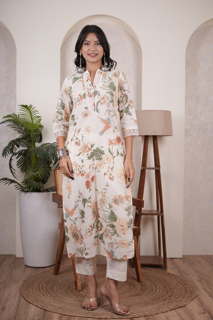 Cream color with White Kurti Pant dupatta set