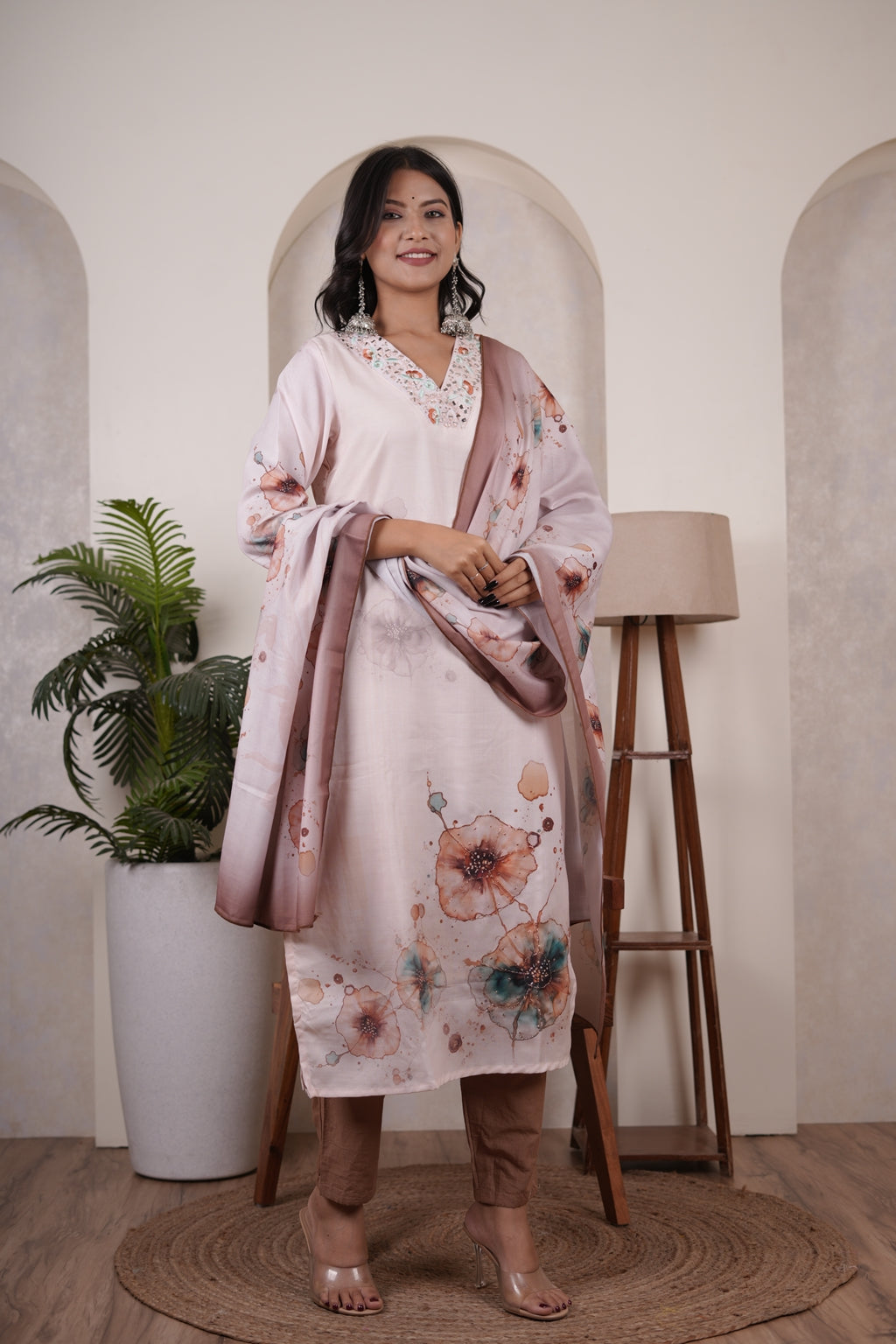 Cream color with Brown Kurti Pant dupatta set