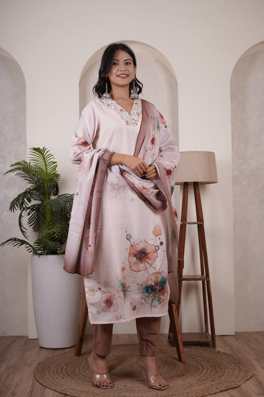 Cream color with Brown Kurti Pant dupatta set