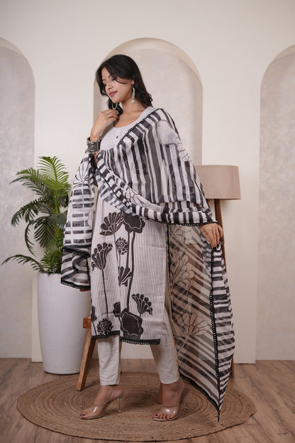 Cream colour with Black  Kurti Pant dupatta set