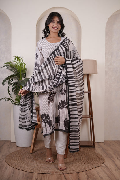 Cream colour with Black  Kurti Pant dupatta set
