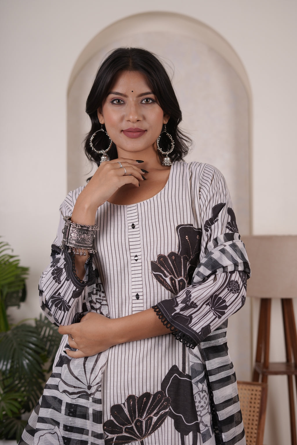 Cream colour with Black  Kurti Pant dupatta set