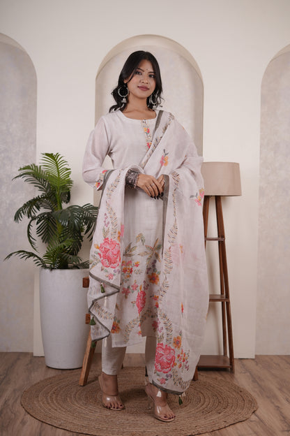 Cream colour Kurti Pant dupatta set