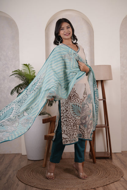 Cream colour with Blue  Kurti Pant dupatta set