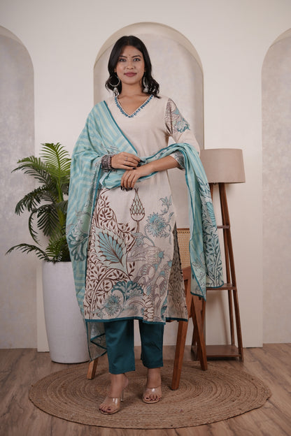 Cream colour with Blue  Kurti Pant dupatta set