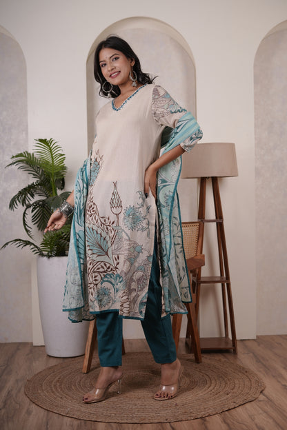 Cream colour with Blue  Kurti Pant dupatta set