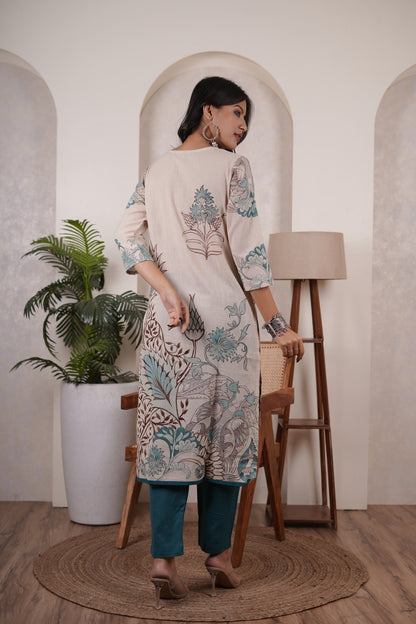 Cream colour with Blue  Kurti Pant dupatta set