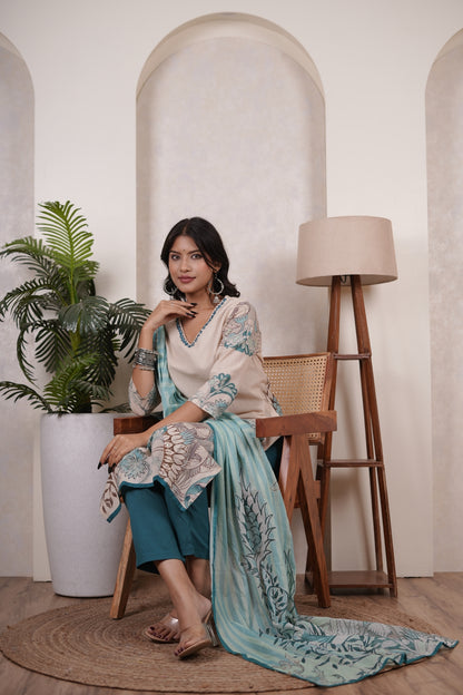 Cream colour with Blue  Kurti Pant dupatta set