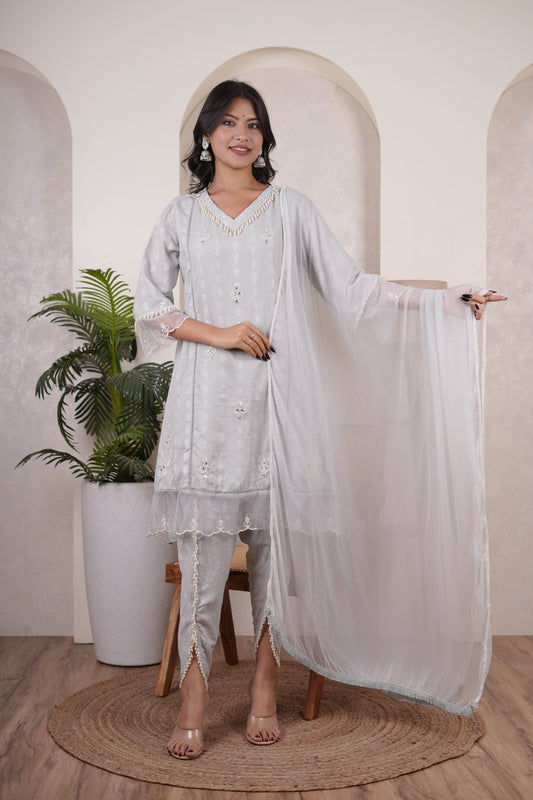 Grey kurti , tulip pant,and dupatta set