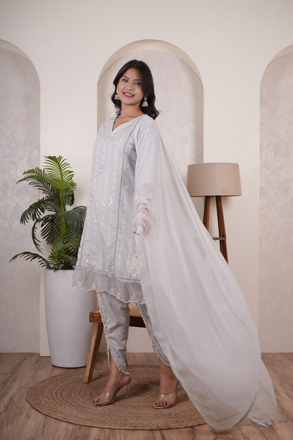 Grey kurti , tulip pant,and dupatta set