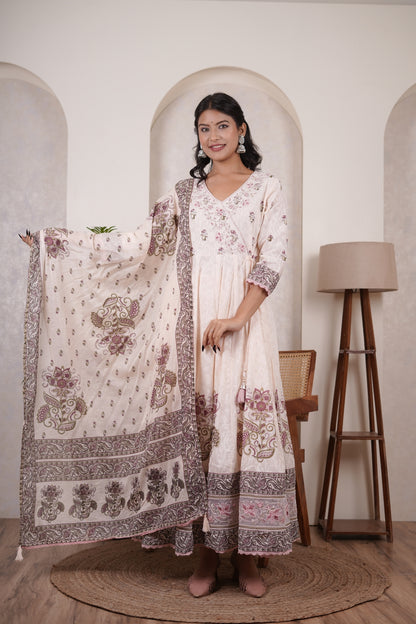 Peach's pink colour anarkali suit with pant and dupatta set