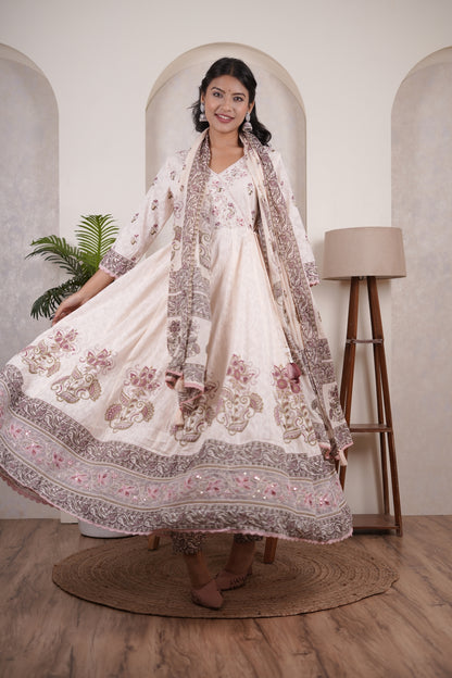Peach's pink colour anarkali suit with pant and dupatta set