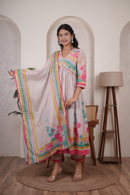 Cream colour anarkali suit with pant and dupatta set