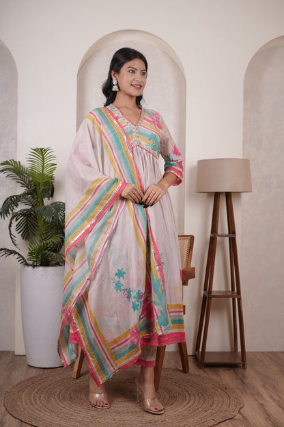 Cream colour anarkali suit with pant and dupatta set