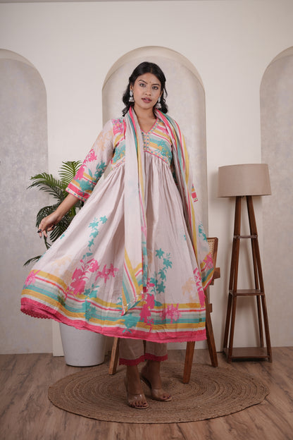 Cream colour anarkali suit with pant and dupatta set